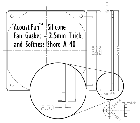 Technical Drawing of 120mm Silicone Fan Gasket. The silicone for the gasket is 2.5mm thick, and the silicone for the washer is 2.0mm thick.