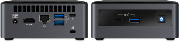 Front view of the NUC 10 Kits, K-suffix left, H-suffix right. Please note NUC10i7FNKN does not include front 3.5mm audio port.